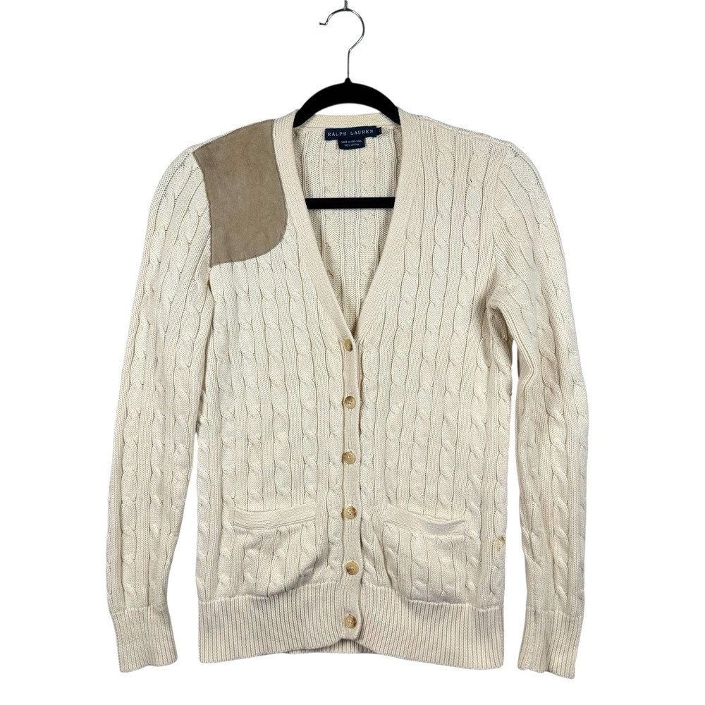 Ralph Lauren Women's Sz S Cardigan Cable Knit Button Front Leather Patch Detail